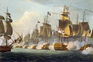 Batalha de Trafalgar, 21 de outubro de 1805, de "As conquistas navais da Grã-Bretanha", de James Jenkins, gravada por Thomas Sutherland (bc1785), publicada em 1816 (aquatinta colorida à mão)